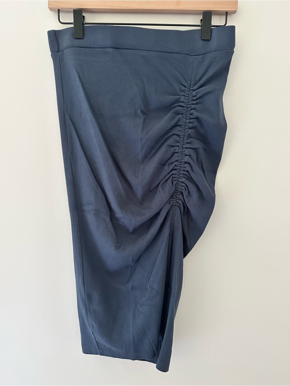 Ruched Blue-Gray Cotton Blend Stretch Midi Pencil Skirt With Side Slit